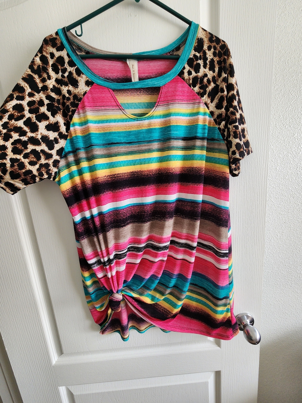 Striped Knot Front Tee with Leopard Raglan Sleeves - Pink Multicolor